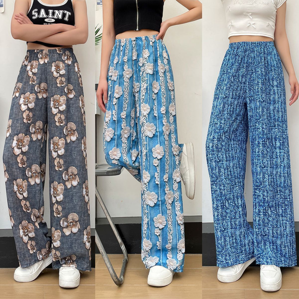 Women's Thin Casual High-waisted Loose Retro Printed Denim Straight-leg Pants