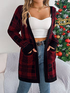 Casual Color Block Plaid Pocket Long Sleeve Cardigan Sweater Coat