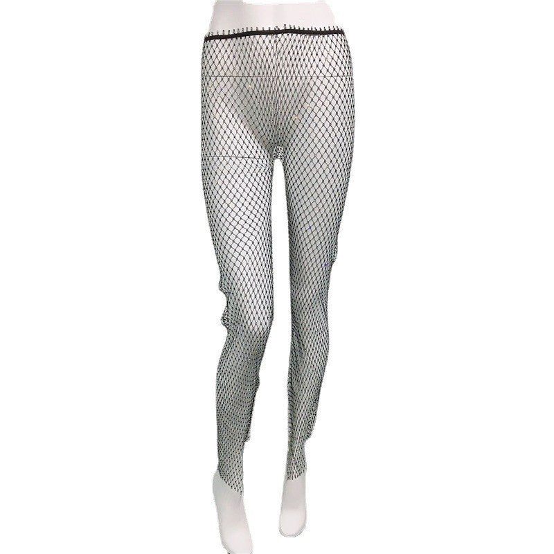 Sexy Fishnet Slit Pants Rhinestone Mesh Stretch Leggings