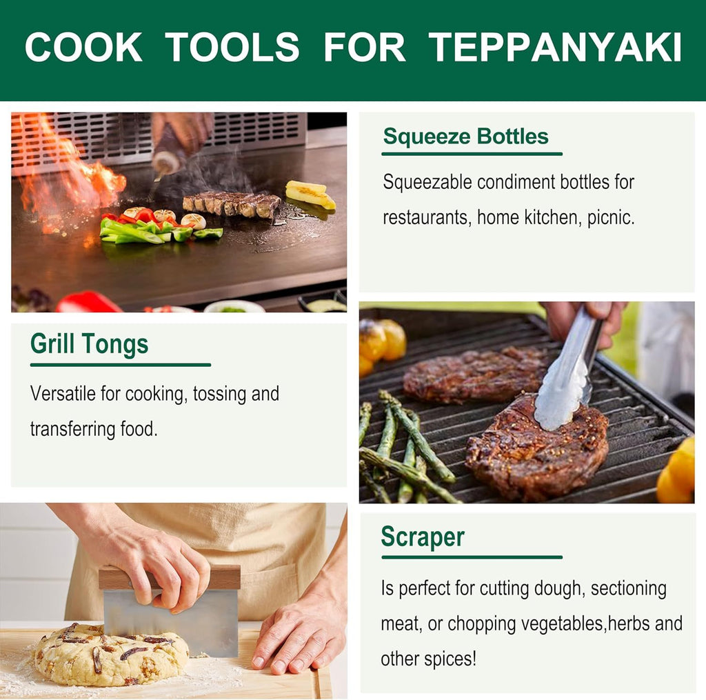 Grilljoy Griddle Accessories Set With Robust Plastic Handle, All-in-One Griddle Tools Kit For Flat Top Grills Teppanyaki Hibachi, Stainless Steel Grill Spatula Kit For Outdoor Camping Grilling