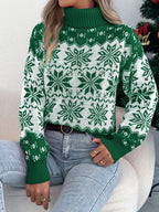 Snowflake Pattern Lantern Sleeve Turtleneck Pullover Sweater