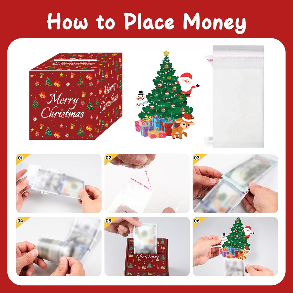 Christmas Money Box For Cash Gift Pull Surprise Money Holder Cash Gift Xmas Money Pull Box With Christmas Tree Card And Transparent Bags For Christmas Birthday New Year Party Supplies