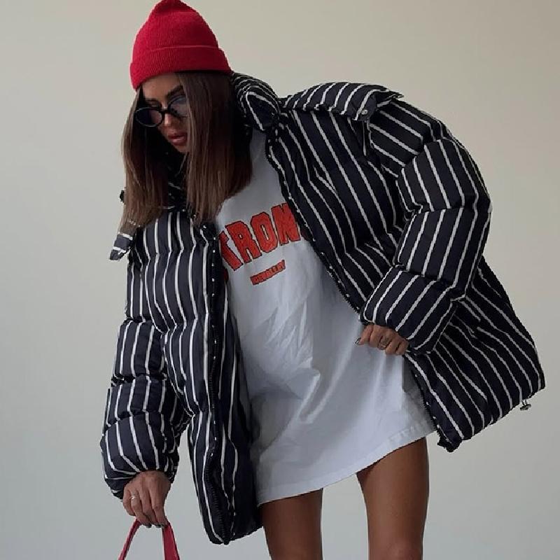 Warm Stand Collar Striped Hooded Cotton Coat Jacket