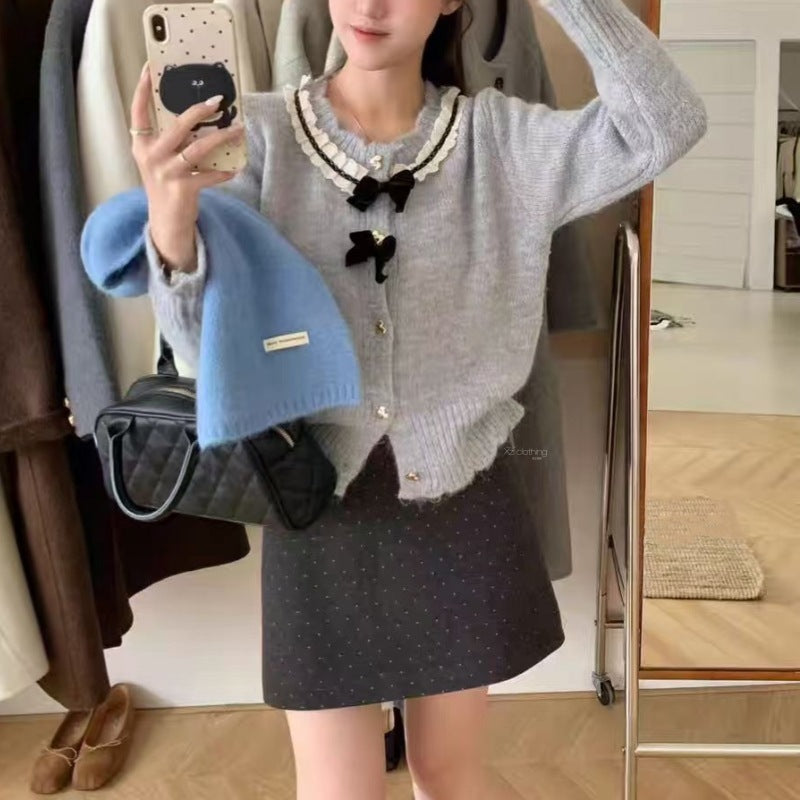 Women's Round Neck Lace Bow Sweater Coat
