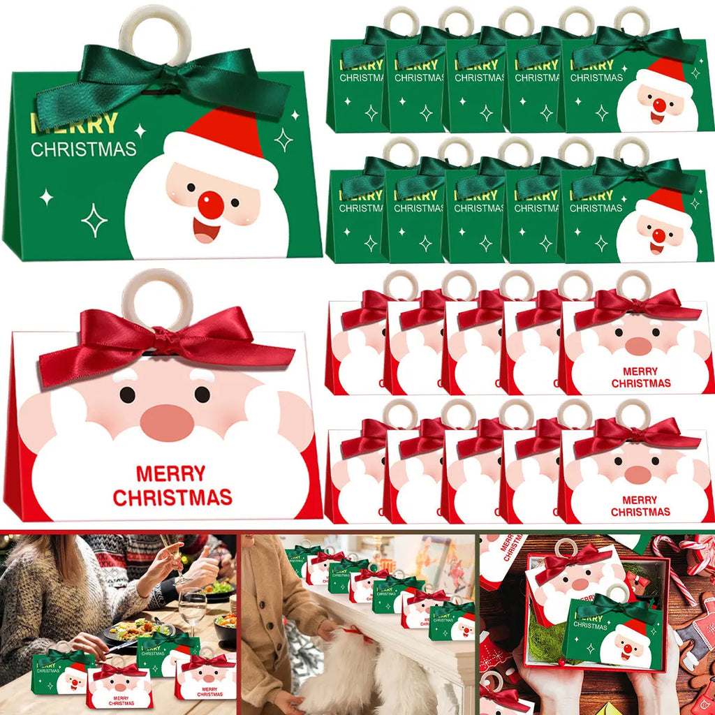10 Pack Christmas Candy Boxes With Ribbon And Wooden Ring Merry Cartoon Paper Treat Boxes Christmas Santa Claus Pattern Cookie Goodies Box For Christmas Birthday Wedding Gift Wrapping Holiday Party Su - The Premium