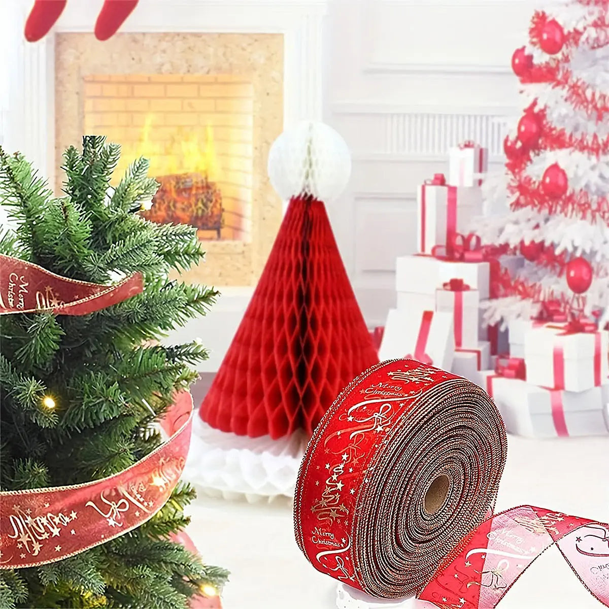 5 Rolls Christmas Ribbon Red And Gold Wired Ribbon Merry Christmas Cotton Ribbon Christmas Tree DIY Crafting Gifts Wrapping - The Premium