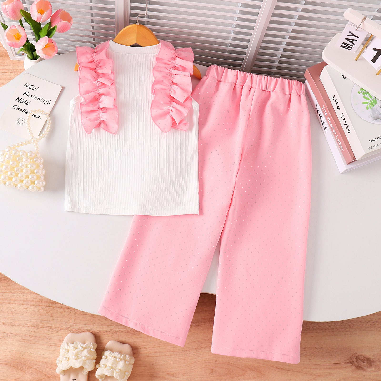 Spring And Autumn Set Pants Sleeveless Bow Children