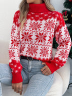 Snowflake Pattern Lantern Sleeve Turtleneck Pullover Sweater
