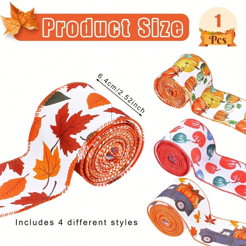 4 Rolls 20 Yards Thanksgiving Day Fall Autumn Wired Edge Ribbon Pumpkin Leaves Wired Ribbon Gingham Ribbon For Thanksgiving Decorations Party Gift Wrapping Craft DIY Project