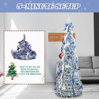 7 FT Snow Flocked Pre-lit Artificial Pop Up Christmas Tree With 200 Warm Lights And Blue & Silver Ornaments For Home Office Store Holiday Deco - The Premium