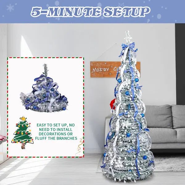 7 FT Snow Flocked Pre-lit Artificial Pop Up Christmas Tree With 200 Warm Lights And Blue & Silver Ornaments For Home Office Store Holiday Deco - The Premium