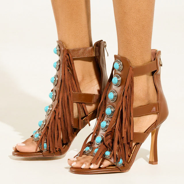 Women's Zipper Round Toe Hollow Tassel Sandals