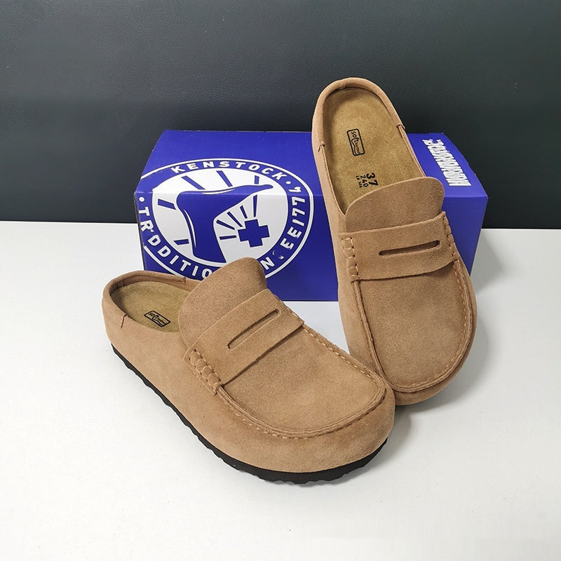 Cowhide Retro Closed Toe Half Slippers Mule Platform Casual Shoes Men And Women Same Style