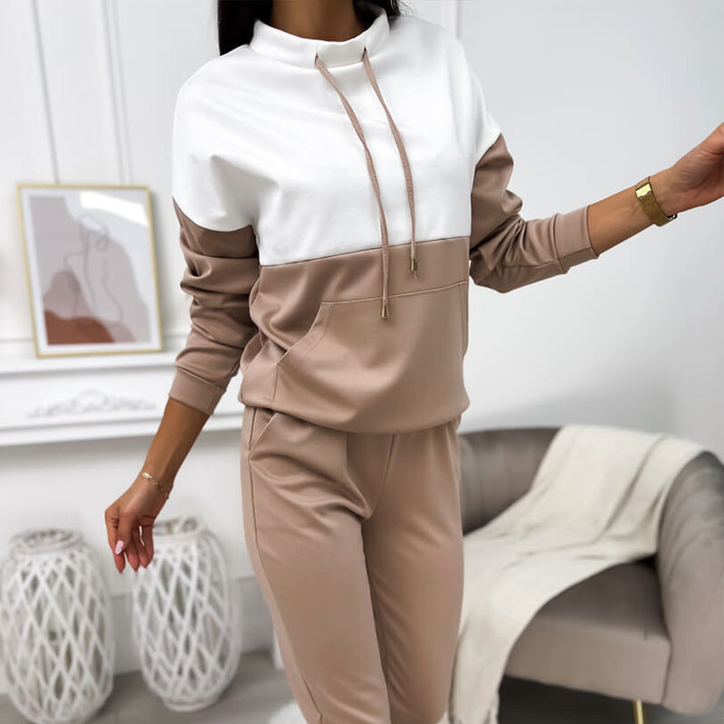 Drawstring Semi-high Neck Color Block Sporty Sweatshirt