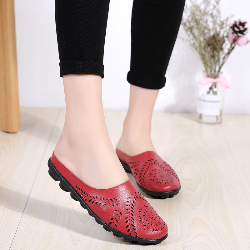Plus-size Summer Cowhide Peep-toe Half Slippers For Women