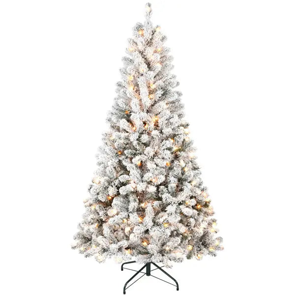 Artificial 7ft Flocked Christmas Tree With 1022 PVC Branch Tips, 350L Warm White Led, Round Head, Foldable Base For Indoor Holiday Decorating - The Premium