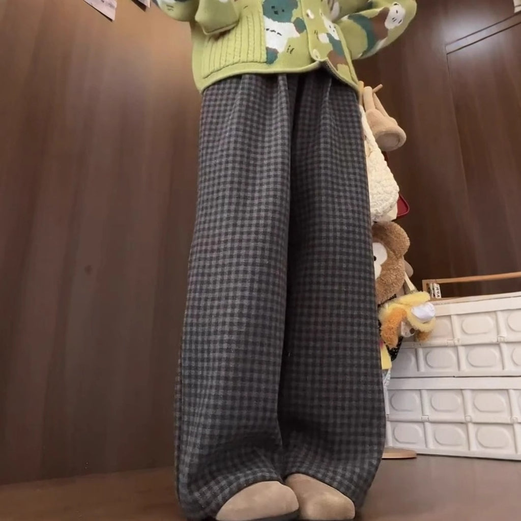 Loose And Versatile Fleece Plaid Wide-leg Pants For Women