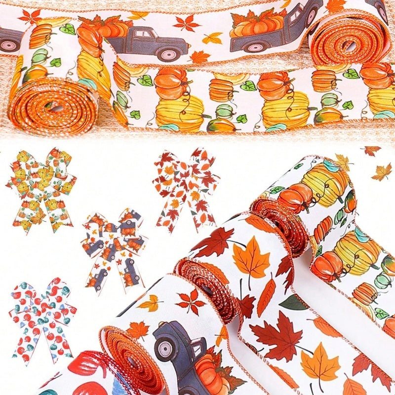 4 Rolls 20 Yards Thanksgiving Day Fall Autumn Wired Edge Ribbon Pumpkin Leaves Wired Ribbon Gingham Ribbon For Thanksgiving Decorations Party Gift Wrapping Craft DIY Project