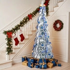 7 FT Snow Flocked Pre-lit Artificial Pop Up Christmas Tree With 200 Warm Lights And Blue & Silver Ornaments For Home Office Store Holiday Deco - The Premium