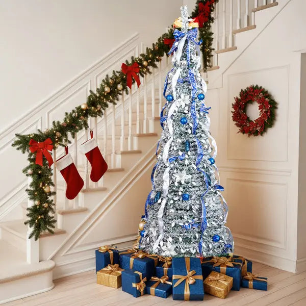 7 FT Snow Flocked Pre-lit Artificial Pop Up Christmas Tree With 200 Warm Lights And Blue & Silver Ornaments For Home Office Store Holiday Deco - The Premium