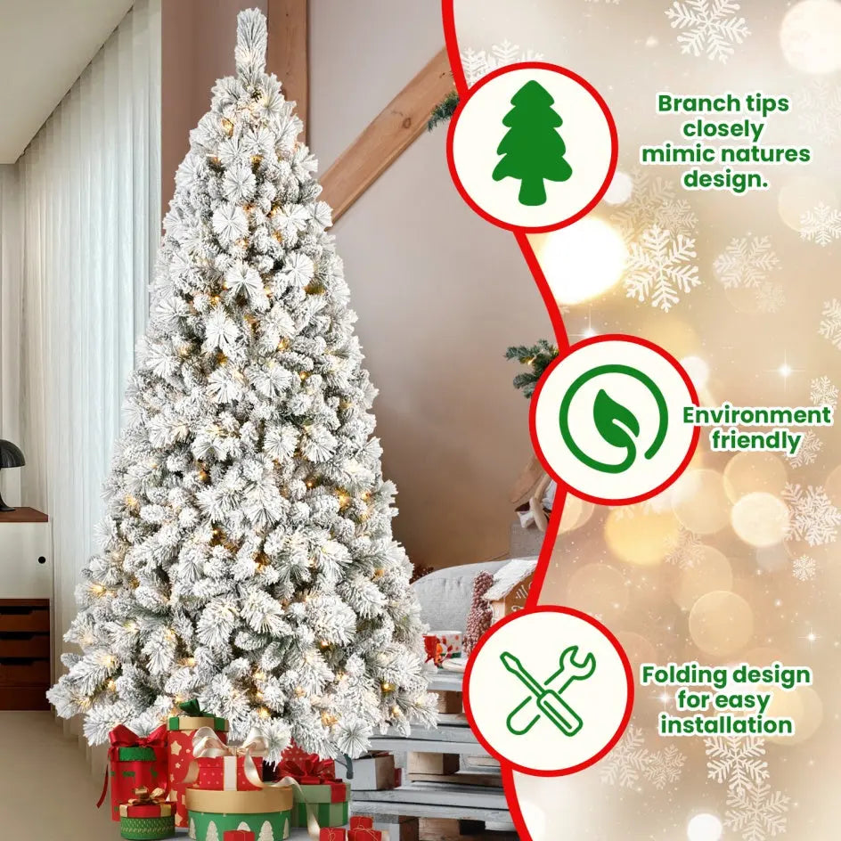 5-foot Velvet Christmas Tree With 250 Warm White LED Lights - 518 Tips, Snowy PVC And Stiff Needle Branches, Hinged Design For Easy Setup, Sturdy Metal Stand - Panoramic Realistic Holiday Tree - The Premium