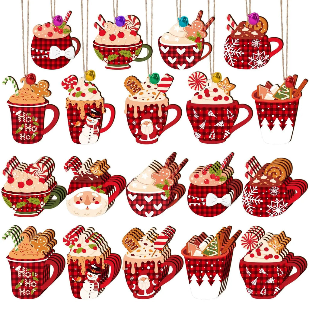 50 Pieces Christmas Wooden Ornaments Hot Cocoa Blanks Pendants Unfinished Predrilled Wood Buffalo Plaid Coffee Mug Slices Hanging For Xmas Festivals DIY Crafts Decoration, 10 Styles - The Premium