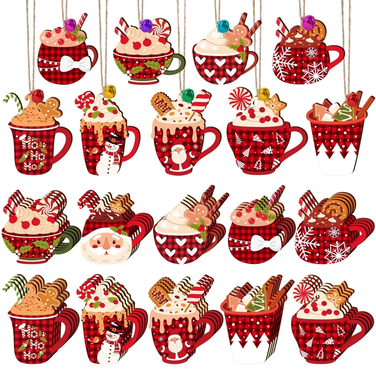 50 Pieces Christmas Wooden Ornaments Hot Cocoa Blanks Pendants Unfinished Predrilled Wood Buffalo Plaid Coffee Mug Slices Hanging For Xmas Festivals DIY Crafts Decoration, 10 Styles - The Premium