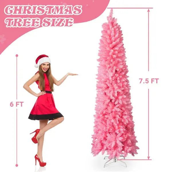 7.5 FT Hinged Christmas Tree, Artificial Pencil Christmas Tree, Unlit Artificial Christmas Pine Tree With 1075 Branch Tips And Sturdy Stand, Pink - The Premium