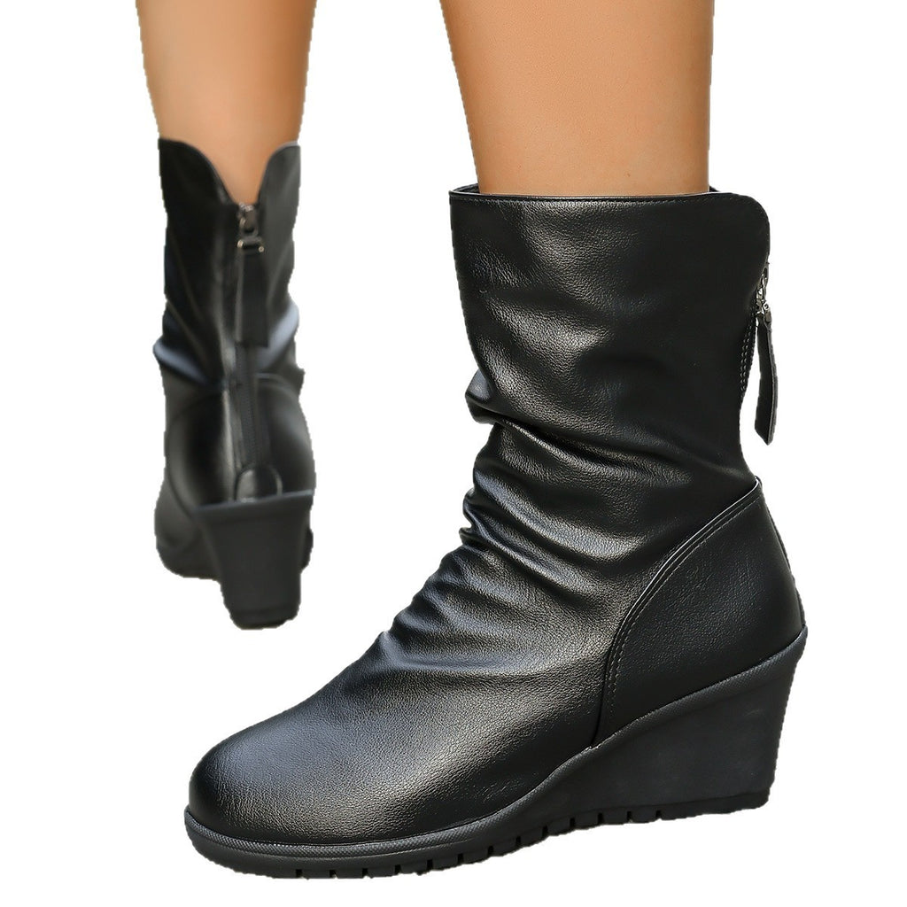 Retro Wedge Heel Fur-lined Pleated Pointed Back Zipper Ankle Boots