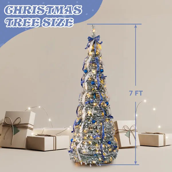 7 FT Snow Flocked Pre-lit Artificial Pop Up Christmas Tree With 200 Warm Lights And Blue & Silver Ornaments For Home Office Store Holiday Deco - The Premium