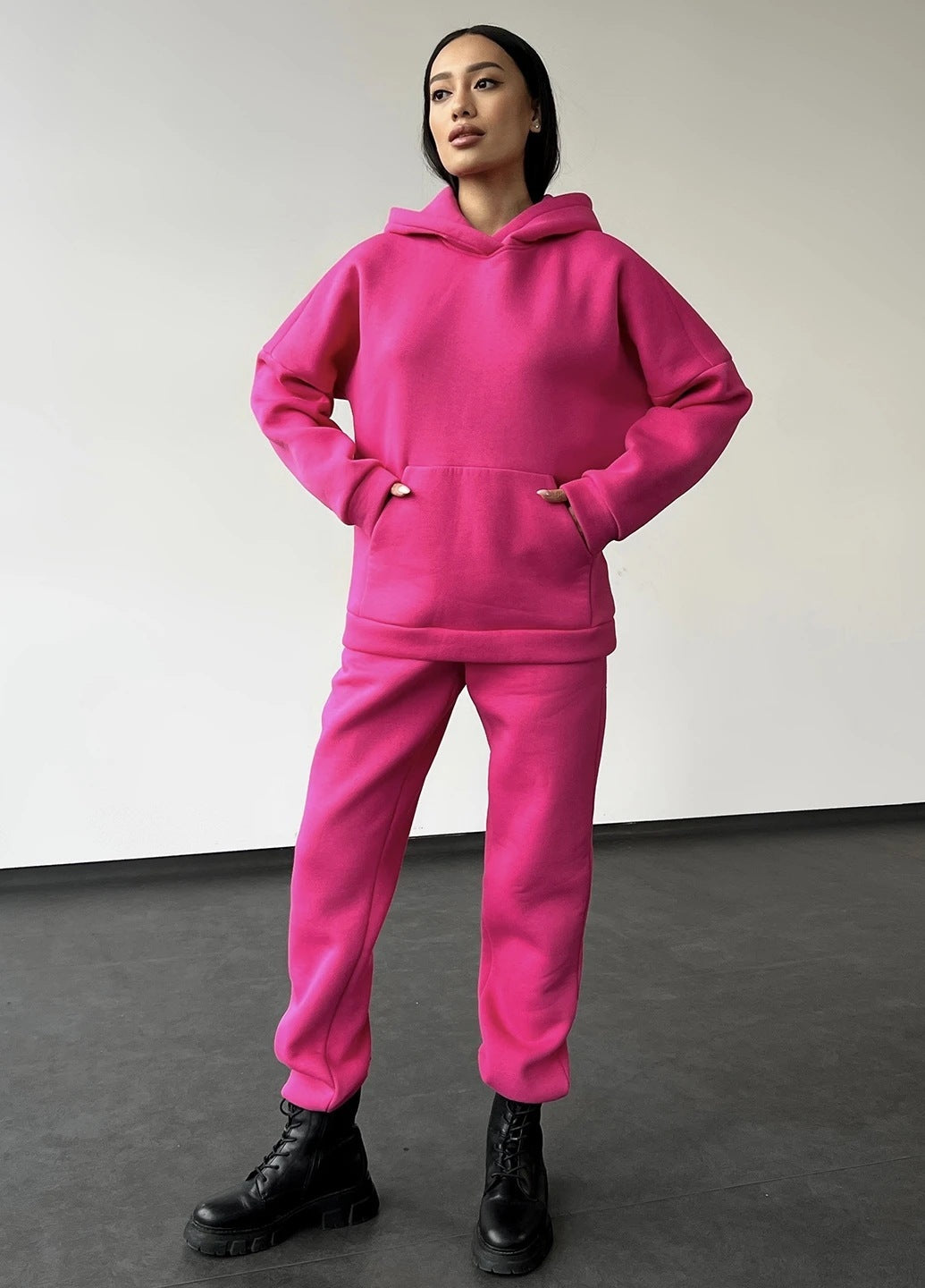 Casual Fleece-lined Hooded Sweatshirt And Pants Two-piece Set