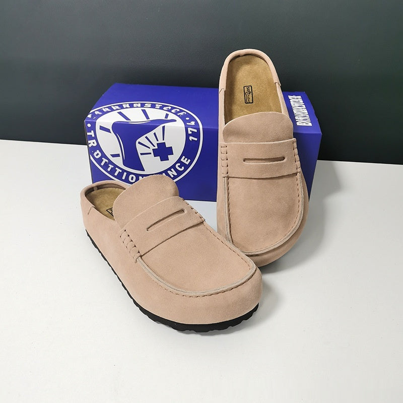 Cowhide Retro Closed Toe Half Slippers Mule Platform Casual Shoes Men And Women Same Style