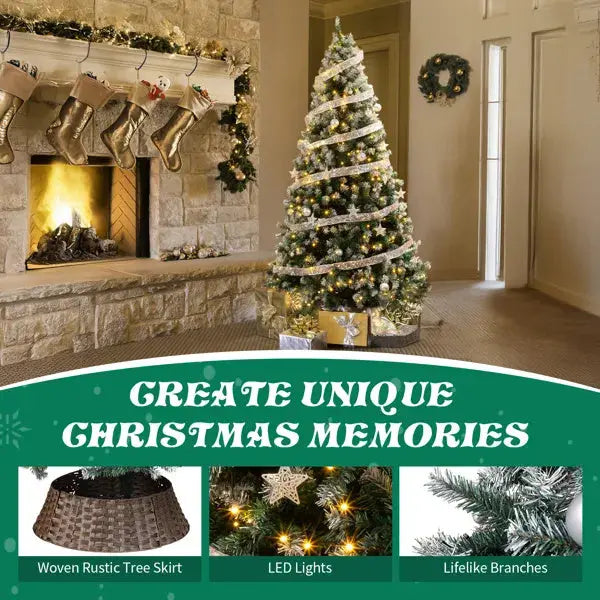 7.5 FT Artificial Snow Tipped Christmas Tree With DIY 350 Warm Lights Remote Control, Hinged Xmas Pine Tree With Silver Ribbon Ornaments For Holiday Party Office Home, Green & Snow Tipped - The Premium