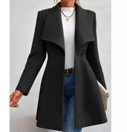Slim-fit Long Fashion Lapel Women's Wool Coat