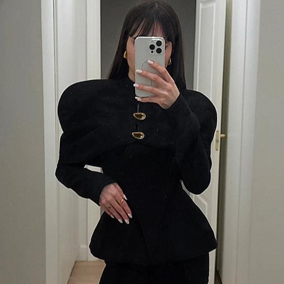 Retro Black Color Pleats Button Slim Top