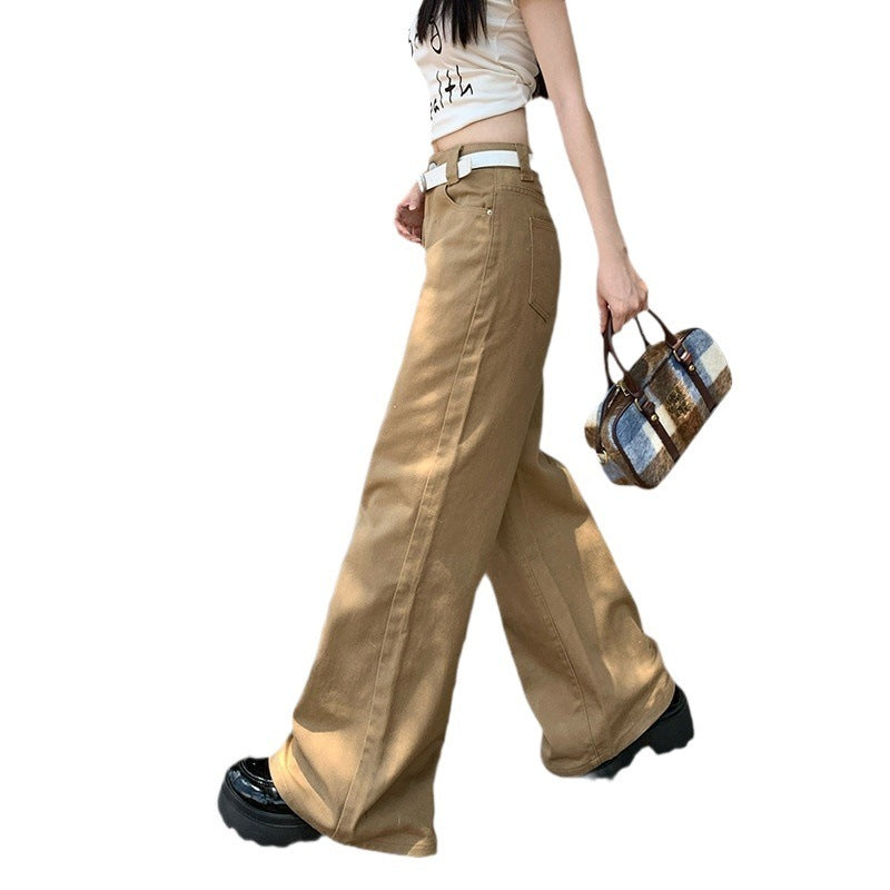 Niche High-end Latte Brown Solid Color Loose Wide-leg Mid-rise Comfortable Floor-dragging Pants
