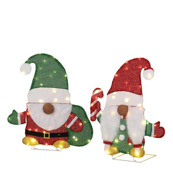 Set Of 2 Lighted Gnome And Candy Cane Christmas Decorations, Pre-lit 2D Holiday Decor With 80 Warm White LED Lights For Xmas Outdoor Indoor Decor Lighted Holiday Displays - The Premium