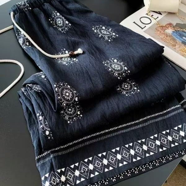 Retro Beaded Drawstring Women's Summer Cool Wide-leg Pants