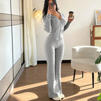 Women's Solid Color 2-Piece Set Hooded Belted Jacket With Pockets & Flare Leg Pant Suit For Spring And Fall