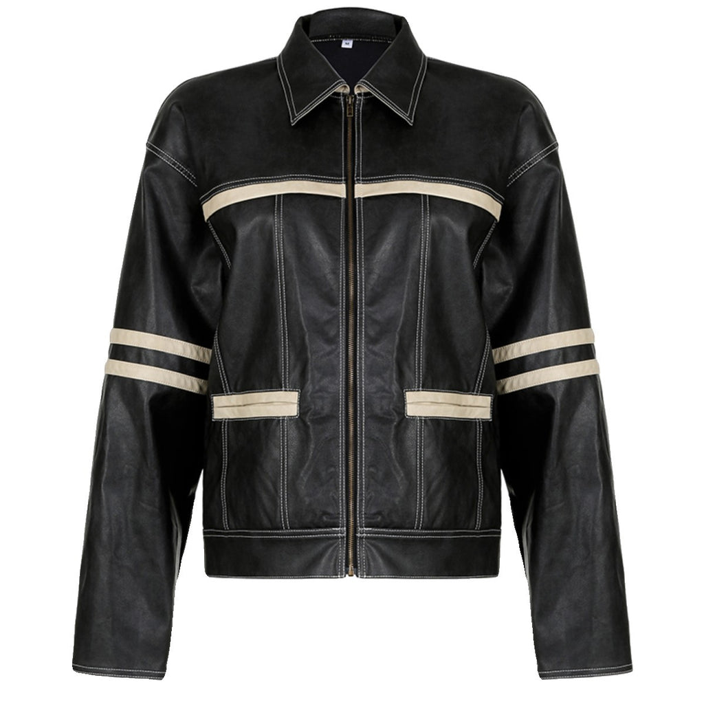 Women's Retro Contrast Color Split Leather Coat