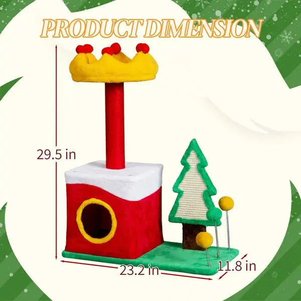 29.5in Christmas Themed Plush Cat Tree, Multi-level Cat Tower With Cat Condo, Top Crown Perch, Sisal Scratching Posts, Cat Pet Activity Center For Indoor Cats - The Premium