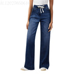 High Waist Elastic Straight Loose Drawstring Denim Trousers