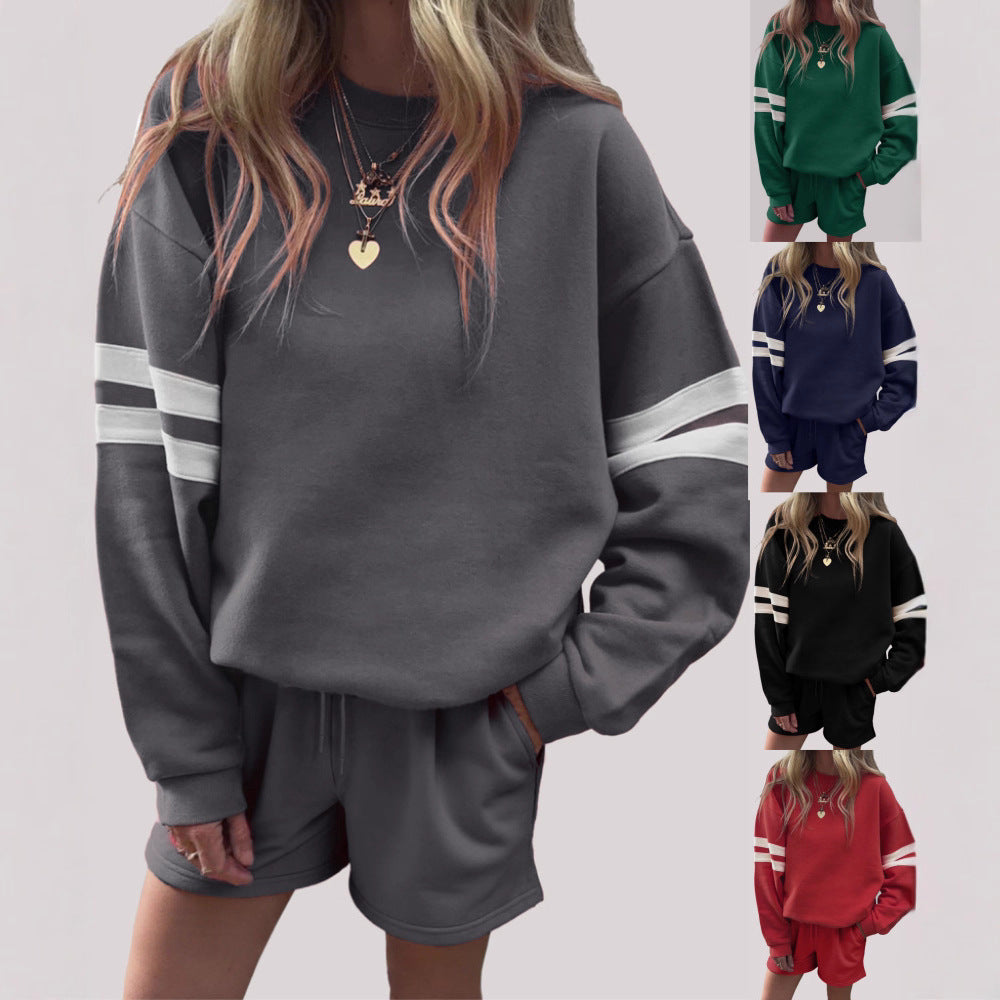 European And American Casual Loose Round Neck Sweatshirt And Shorts Two-piece Set