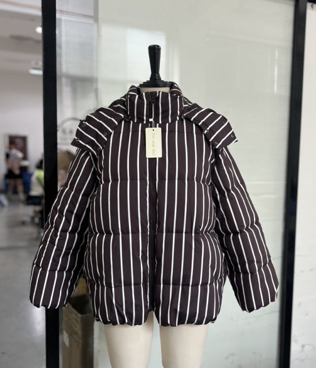 Warm Stand Collar Striped Hooded Cotton Coat Jacket