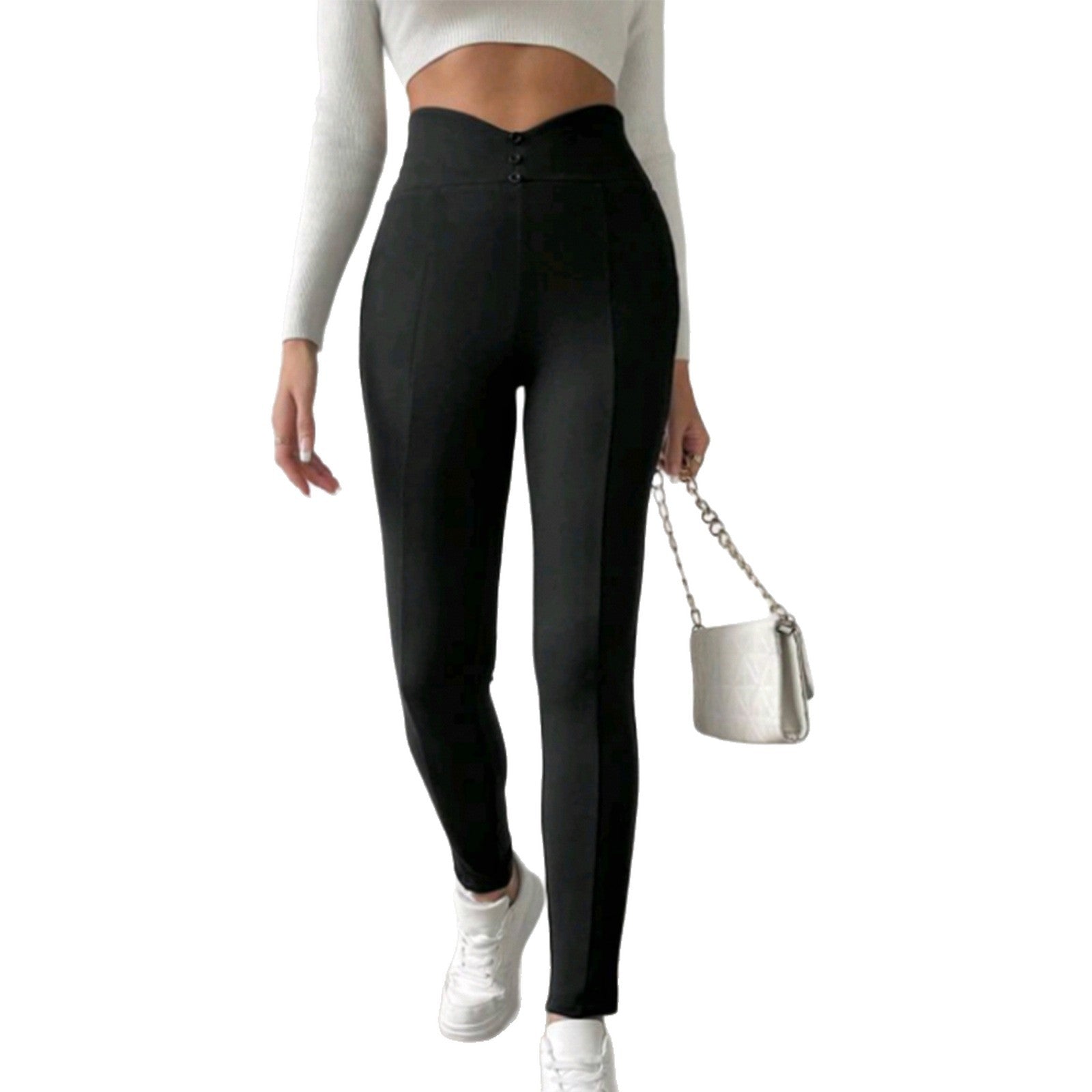 Brushed Leggings V Waist Button Casual Pants