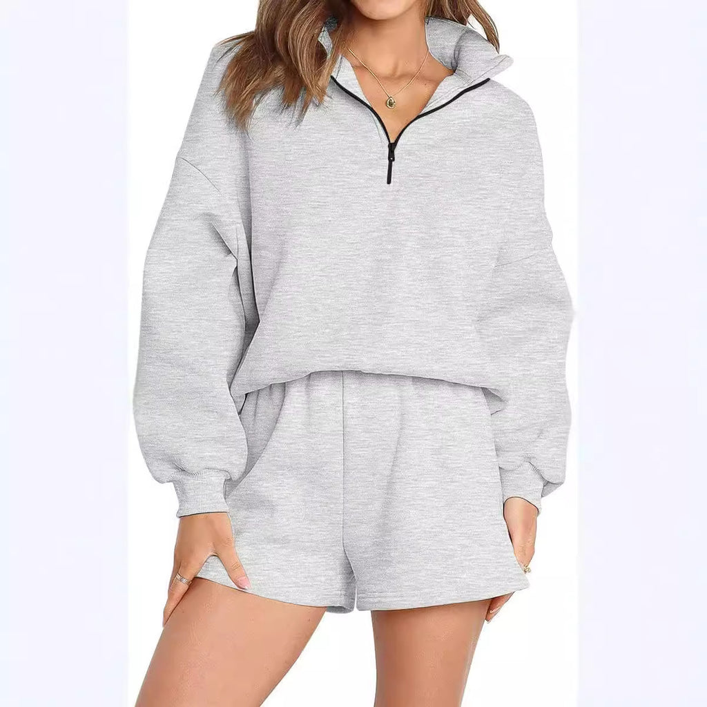 Women's Casual Three-quarter Pants Solid Color Sweatshirt Two-piece Set