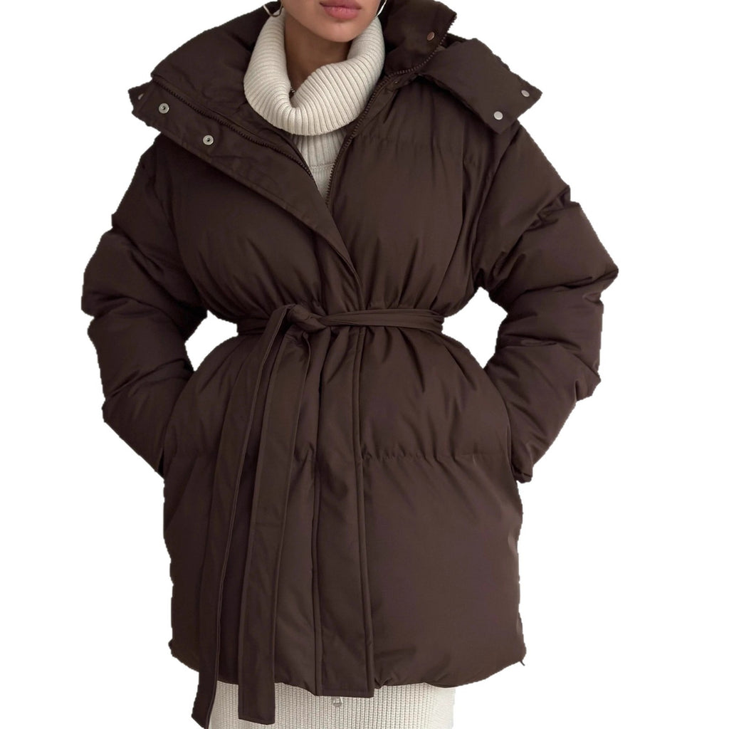 Casual Waist Tight Skinny Slimming Hooded Mid-length Bread Cotton-padded Jacket