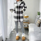 Women's Long Sleeve Plaid Long Hooded Sherpa Coat, Soft Fleece Lined Jacket With Pockets For Winter
