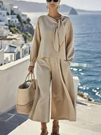 Women's Casual Solid Color Long Sleeve Top And Pants Two-Piece Set