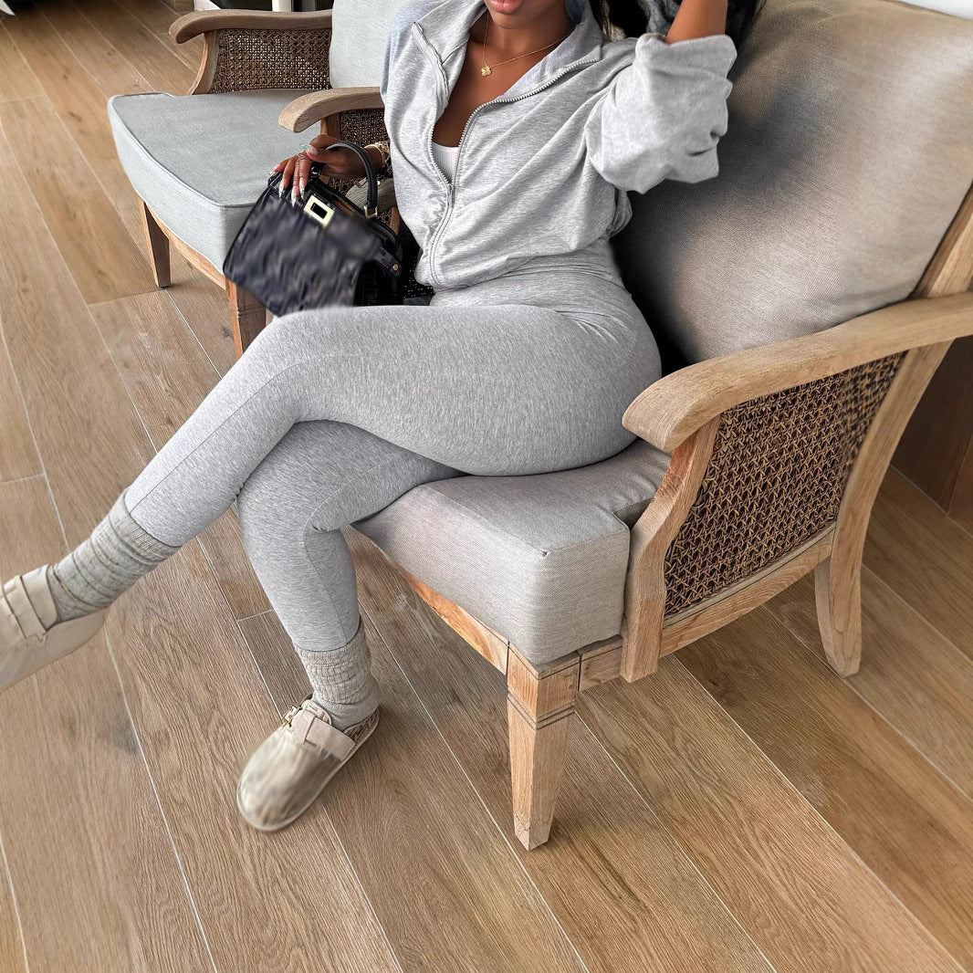 Solid Color Zipper Long Sleeve Top With Slim Pants